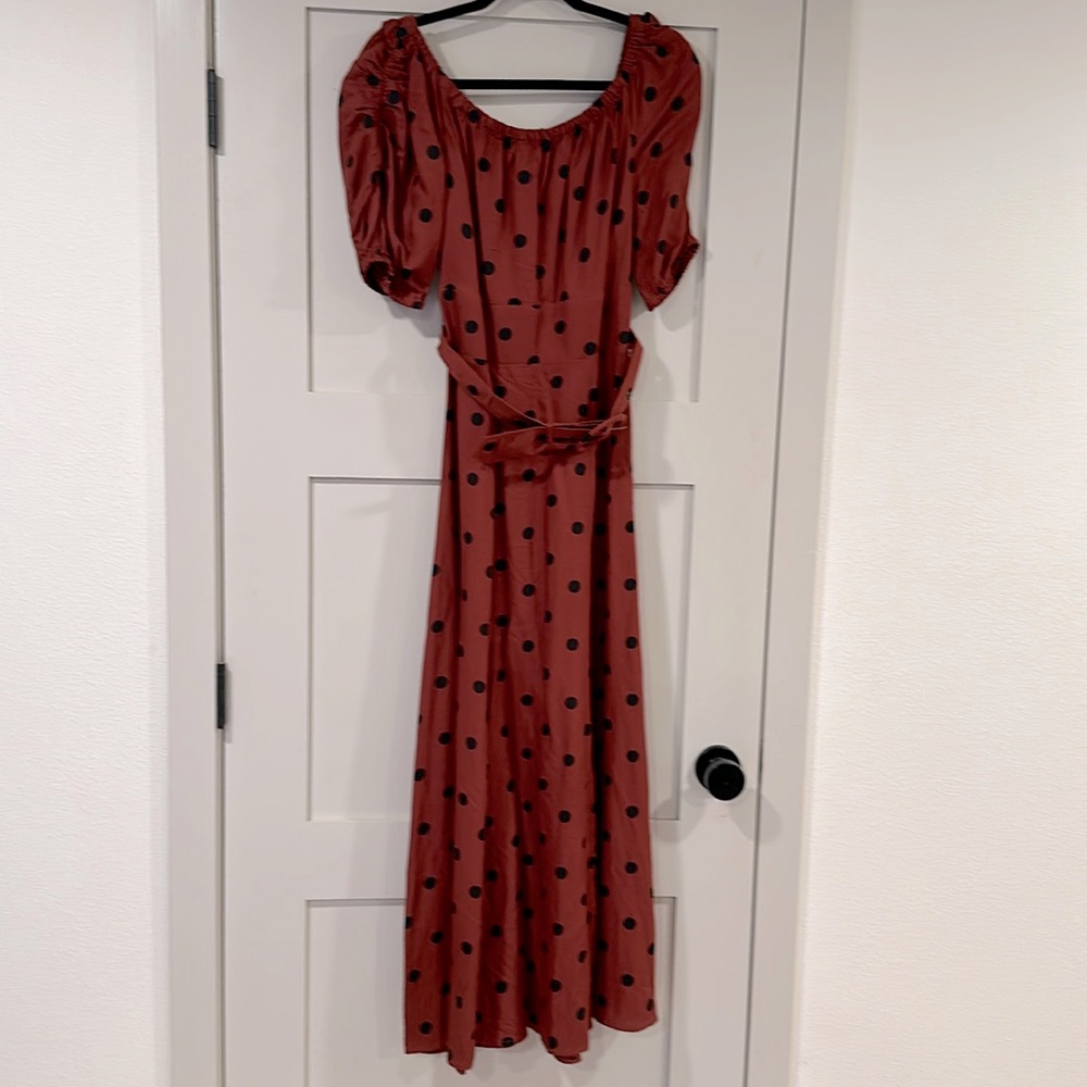 EUC Anthropologie | Maeve Lucienne Off-The-Shoulder Belted Maxi Polka Dot Dress